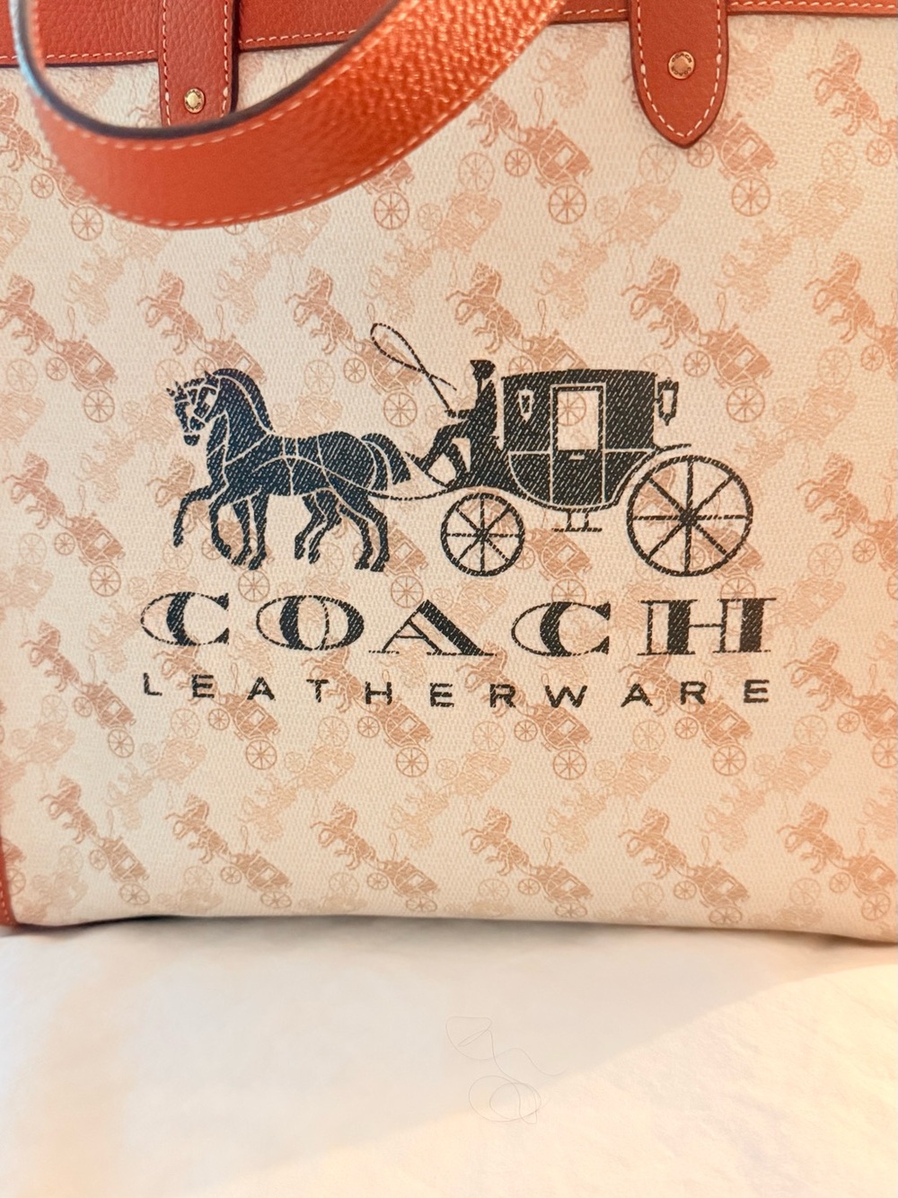 Coach Canvas Tote with Tan Saddle Leather Trim and Black Logo Print